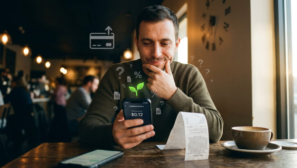 Момент узнавания своей финансовой ошибки с лёгкой усмешкой, но уже с проблеском надежды на решение — мужчина смотрит на мелкий кэшбэк и чек со скрытыми комиссиями.